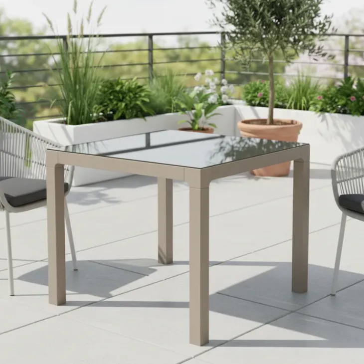 Tavolo da giardino 90x90cm esterno dehors con piano in vetro tortora Cesare