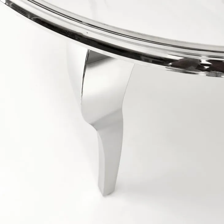 Tavolo da pranzo rotondo 120cm effetto marmo bianco cromato argento Selim