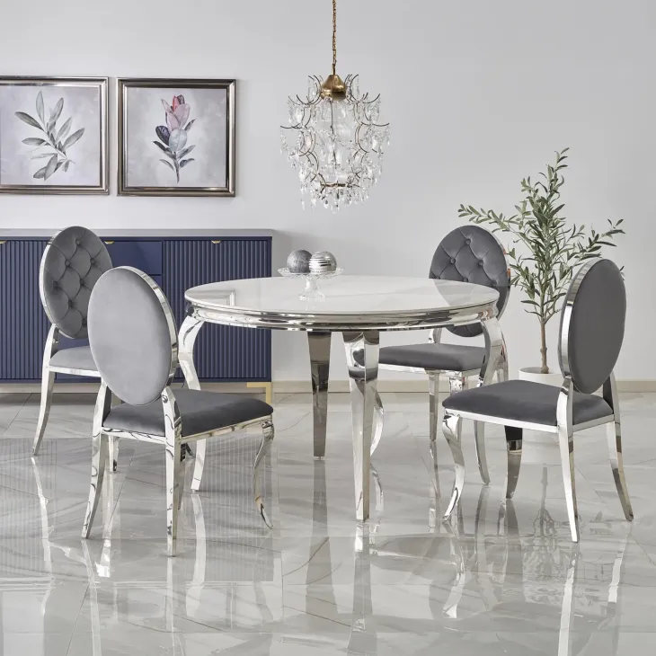 Tavolo da pranzo rotondo 120cm effetto marmo bianco cromato argento Selim