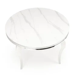 Tavolo da pranzo rotondo 120cm effetto marmo bianco cromato argento Selim