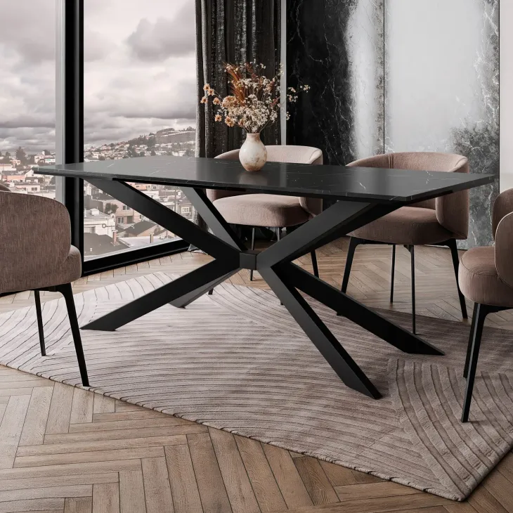 Tavolo da pranzo 190x90 cm industrial rettangolare effetto marmo nero metallo nero Axon