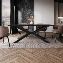 Tavolo da pranzo 190x90 cm industrial rettangolare effetto marmo nero metallo nero Axon
