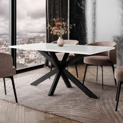 Tavolo da pranzo 160x90 cm industrial rettangolare effetto marmo bianco metallo nero Steel