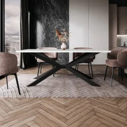 Tavolo da pranzo 190x90 cm industrial rettangolare effetto marmo bianco metallo nero Axon