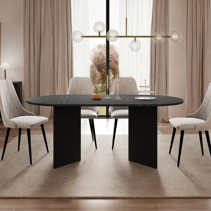 Tavolo da pranzo 185x90cm ovale effetto marmo nero Elden