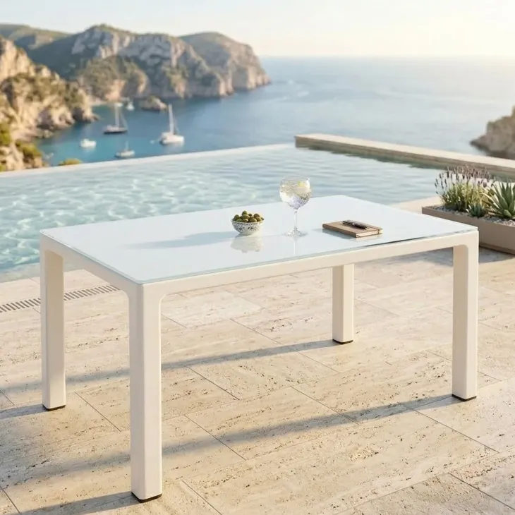 Tavolo moderno da giardino esterno bar dehors con vetro 150x90cm bianco Teodoro