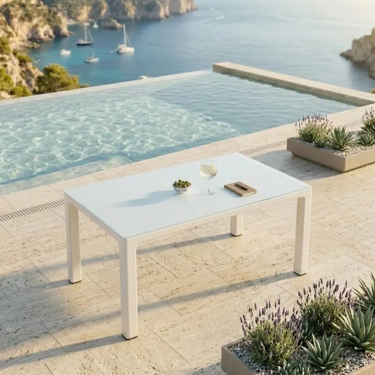 Tavolo moderno da giardino esterno bar dehors con vetro 150x90cm bianco Teodoro