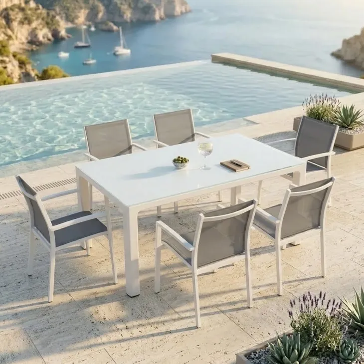 Tavolo moderno da giardino esterno bar dehors con vetro 150x90cm bianco Teodoro