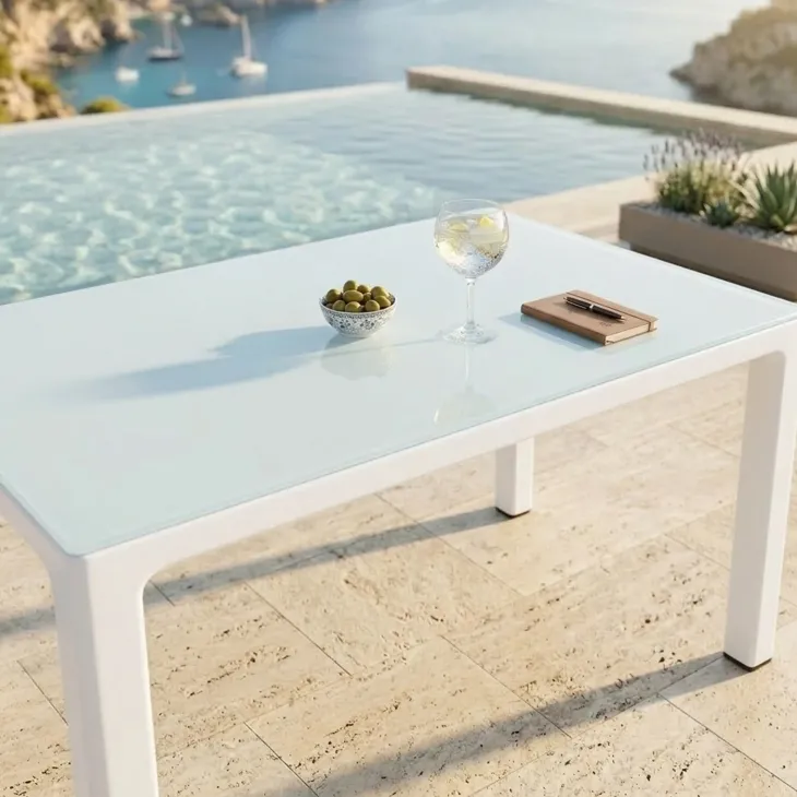 Tavolo moderno da giardino esterno bar dehors con vetro 150x90cm bianco Teodoro