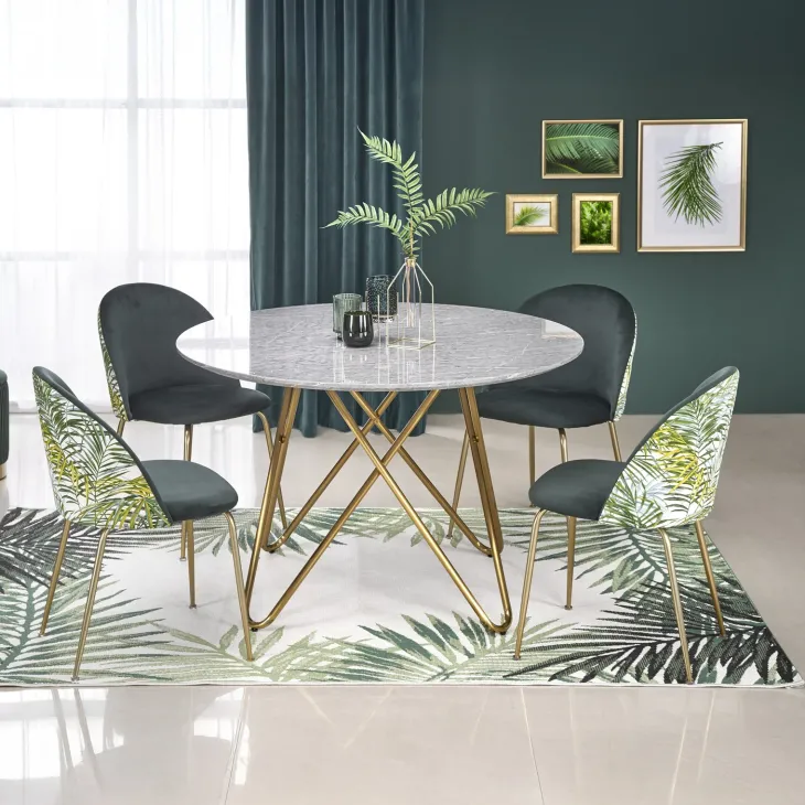 Tavolo rotondo 120x120cm moderno effetto marmo grigio acciaio oro Arak