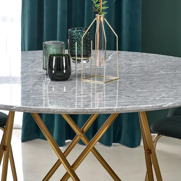 Tavolo rotondo 120x120cm moderno effetto marmo grigio acciaio oro Arak