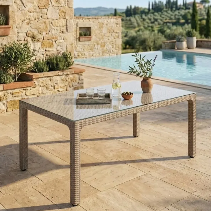 Tavolo 150x90cm da giardino esterno bar dehors polipropilene effetto rattan tortora e vetro Ezio