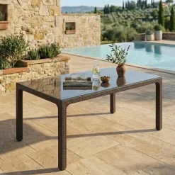 Tavolo 150x90cm da giardino esterno bar dehors polipropilene effetto rattan marrone e vetro Ezio