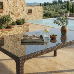 Tavolo 150x90cm da giardino esterno bar dehors polipropilene effetto rattan marrone e vetro Ezio
