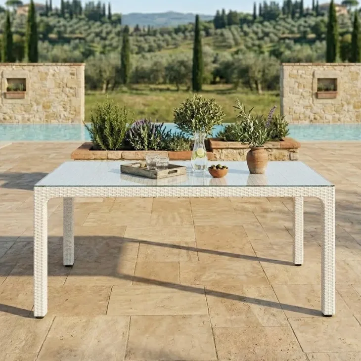 Tavolo 150x90cm da giardino esterno bar dehors polipropilene effetto rattan bianco e vetro Ezio