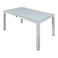 Tavolo 150x90cm da giardino esterno bar dehors polipropilene effetto rattan bianco e vetro Ezio
