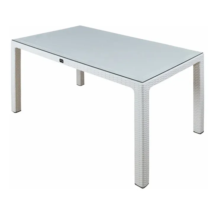 Tavolo 150x90cm da giardino esterno bar dehors polipropilene effetto rattan bianco e vetro Ezio