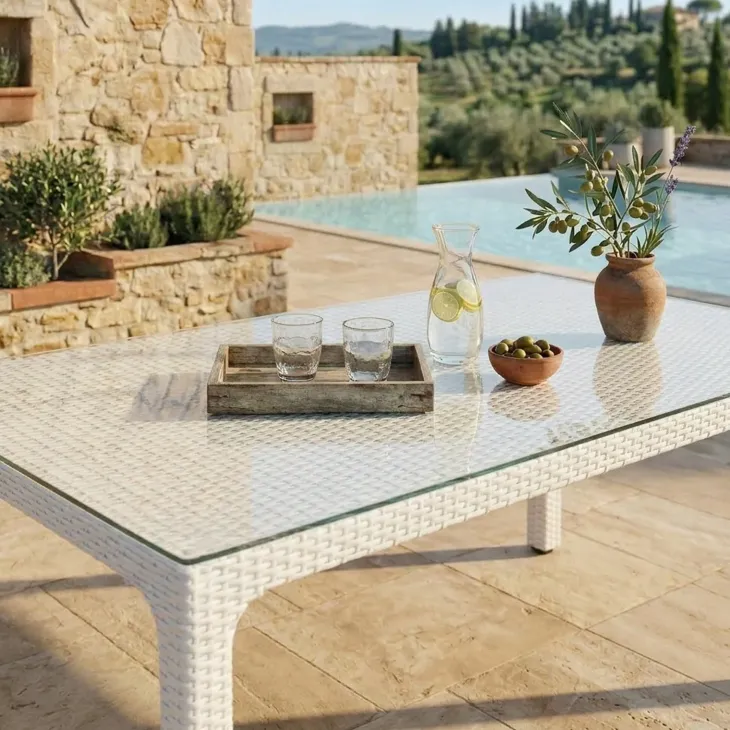 Tavolo 150x90cm da giardino esterno bar dehors polipropilene effetto rattan bianco e vetro Ezio