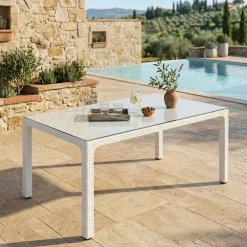Tavolo 150x90cm da giardino esterno bar dehors polipropilene effetto rattan bianco e vetro Ezio