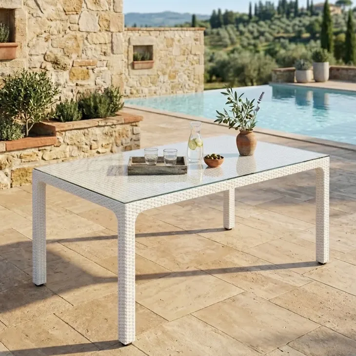 Tavolo 150x90cm da giardino esterno bar dehors polipropilene effetto rattan bianco e vetro Ezio