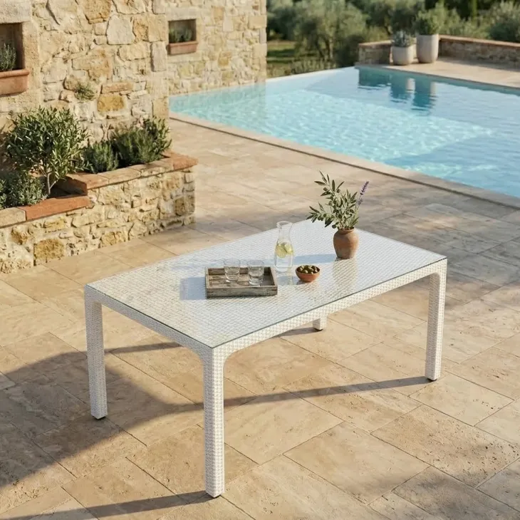 Tavolo 150x90cm da giardino esterno bar dehors polipropilene effetto rattan bianco e vetro Ezio
