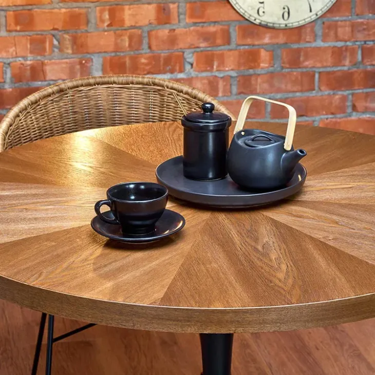 Tavolo 100x100cm da pranzo rotondo moderno noce acciaio nero Lukla