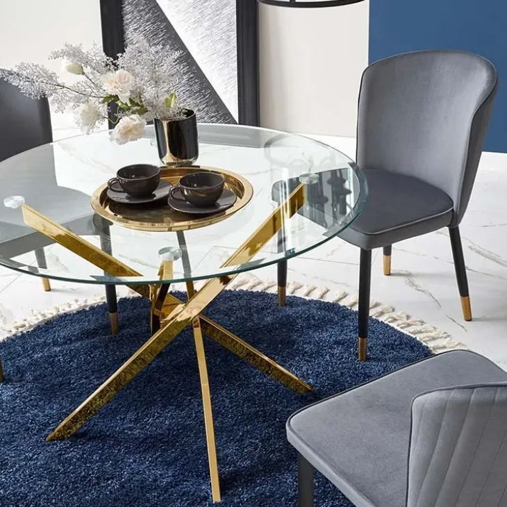 Tavolo 100x100cm rotondo in vetro acciaio oro cromato Minerva Gihome®