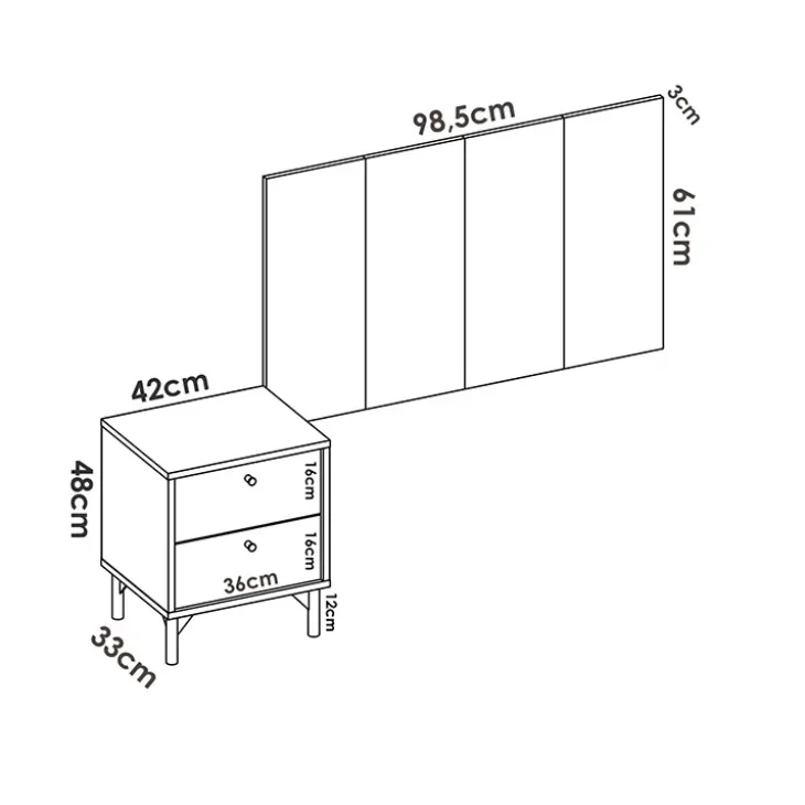 Testiera letto singolo con comodino rovere antracite Alonso
