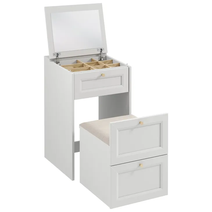 Toeletta da trucco shabby 50x80h cm con seduta richiudibile e specchio bianco Shubo