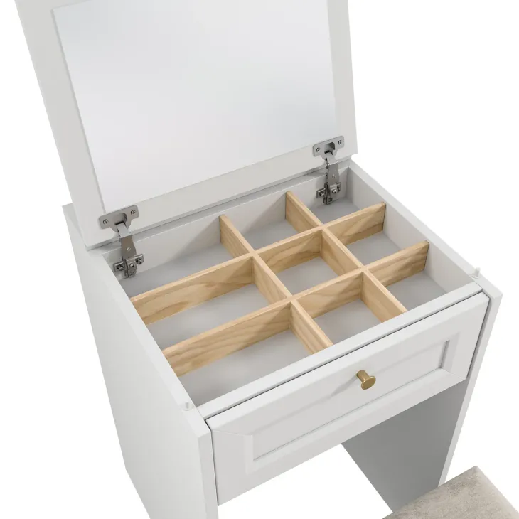Toeletta da trucco shabby 50x80h cm con seduta richiudibile e specchio bianco Shubo