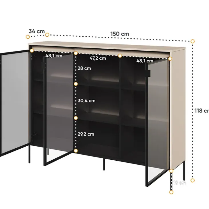 Vetrina bassa 150x118h cm 3 ante led beige nero Camelia