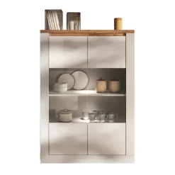 Vetrina 114x160h cm 2 ante con led bianco lucido rovere chiaro Istria