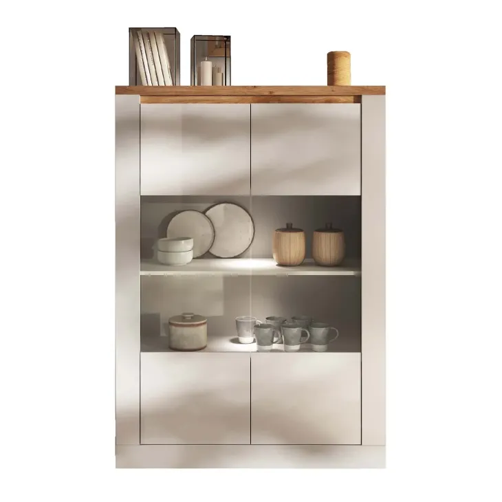Vetrina 114x160h cm 2 ante con led bianco lucido rovere chiaro Istria
