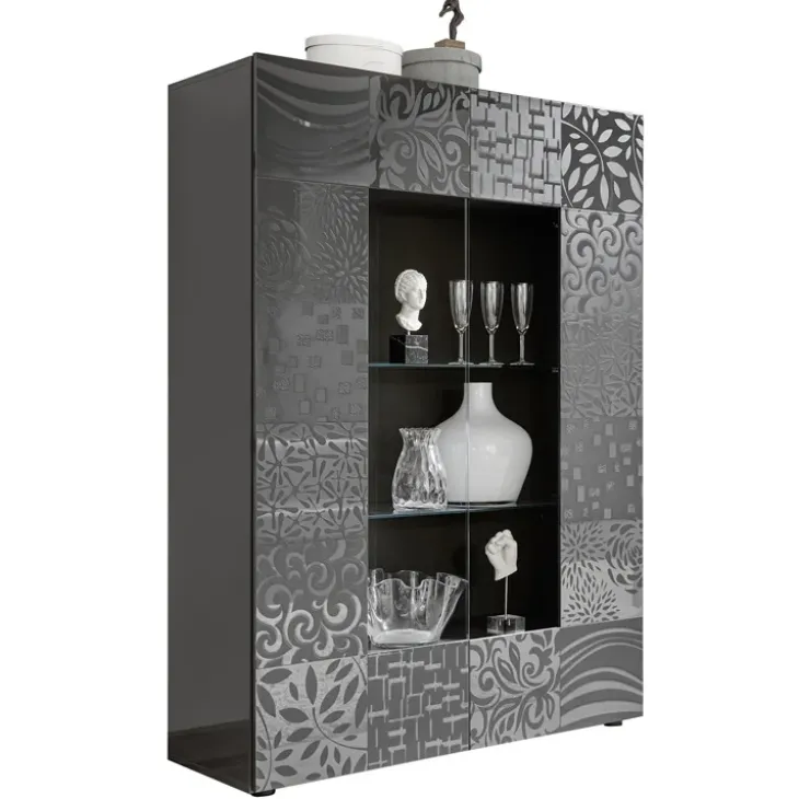 Vetrina 121x166h cm 2 ante moderna grigio scuro con serigrafia Paradise