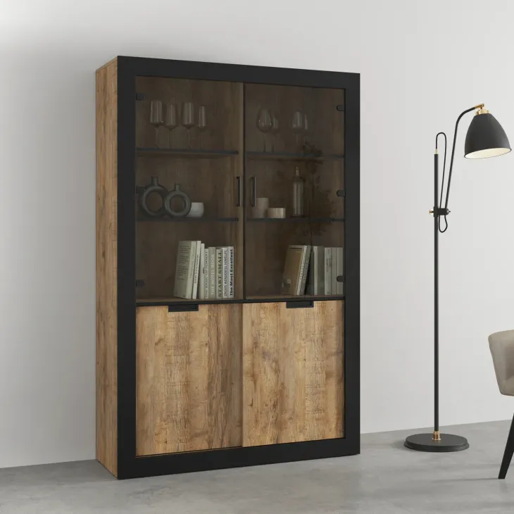 Vetrina 120x187h cm 4 ante rovere rustico nero Ilyssa