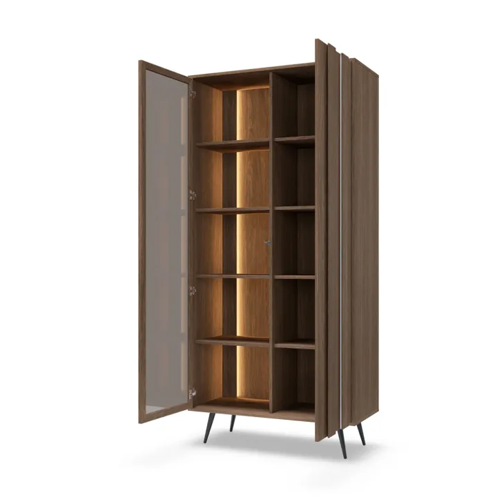 Vetrina 94x196h cm con led 2 ante 5 ripiani reversibile soggiorno noce Bois