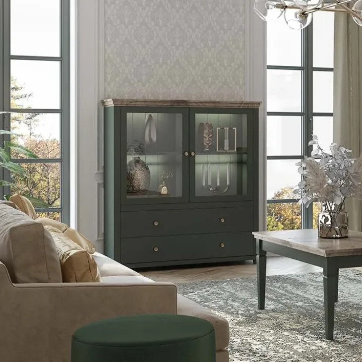 Vetrinetta 126x138h cm 2 ante 2 cassetti verde quercia Texel